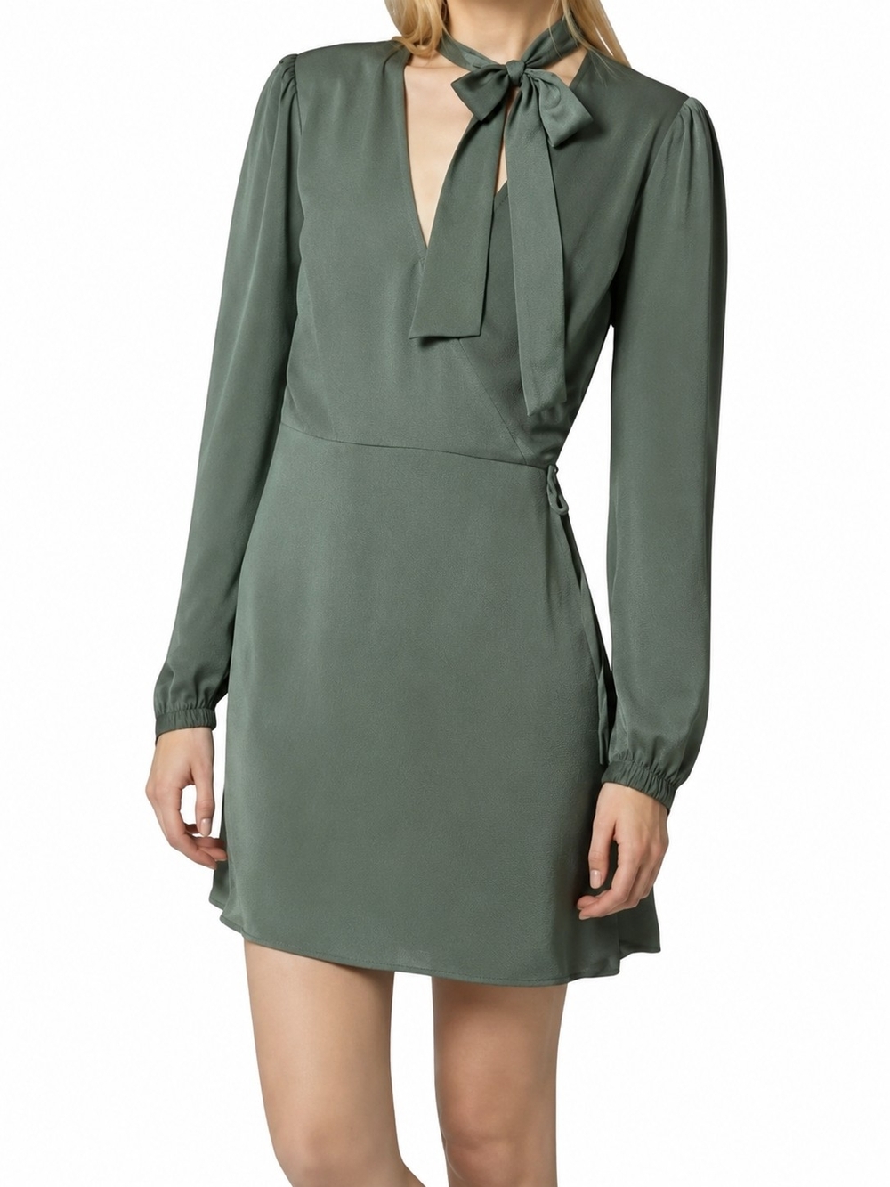 Avec Les Filles Sage Green Wrap Mini Dress Medium Long Sleeve Tie Neck Boho Chic